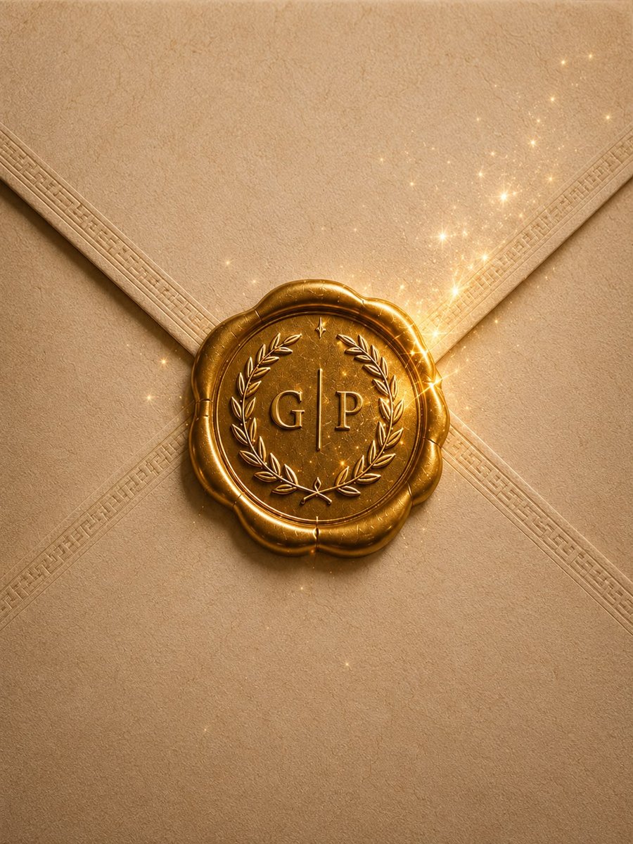 A sealed invitation with a gold G and P wax seal
