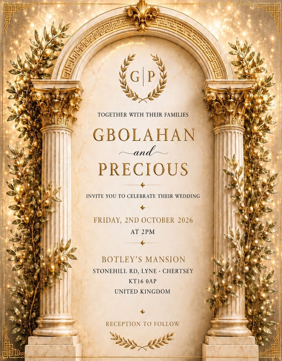 Invitation: Gbolahan and Precious, Friday 2 October 2026, Botley's Mansion, Stonehill Rd, Lyne, Chertsey KT16 0AP