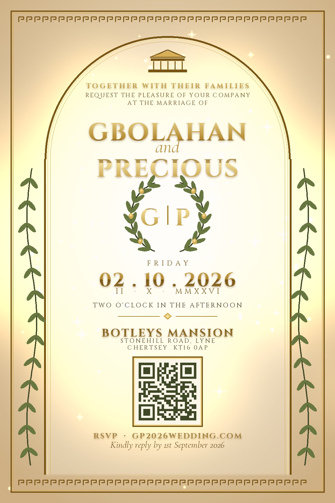 Wedding invitation — Gbolahan and Precious, Friday 2 October 2026, Botleys Mansion, Stonehill Rd, Lyne, Chertsey KT16 0AP